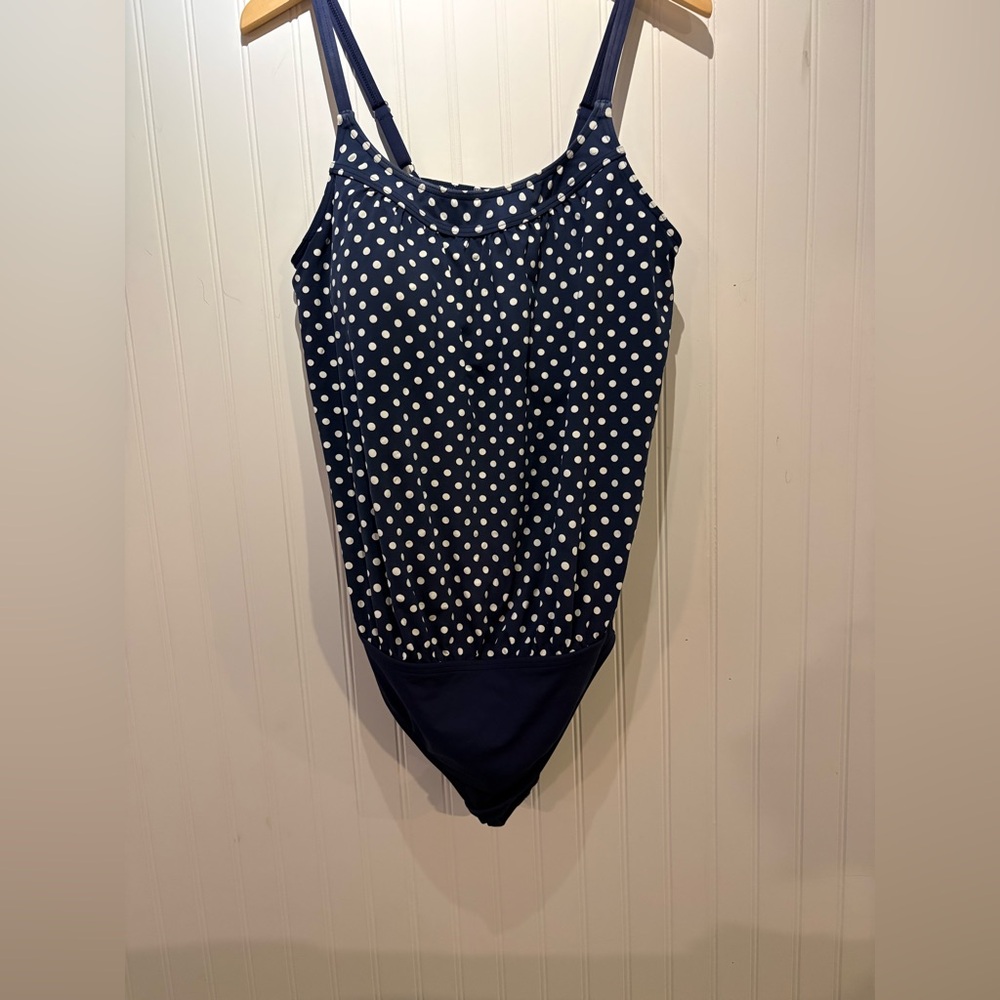 Lands' End Navy and White Polka Dot one-piece swimsuit. Womens size 14 GUC